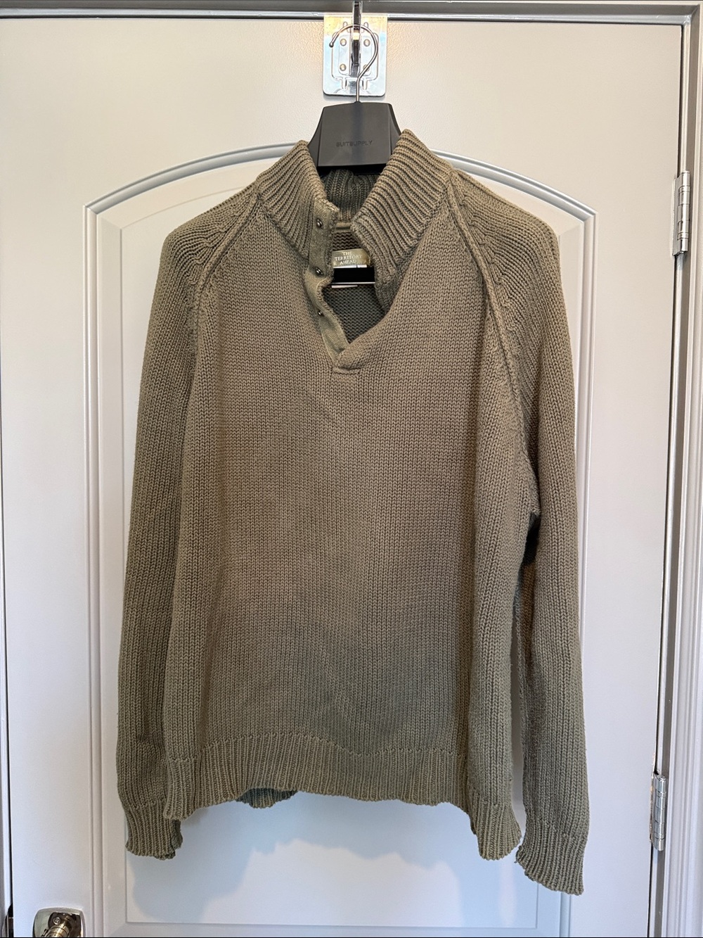 The Territory Ahead Olive Snap-Front Knit Sweater Cashmere & Cotton